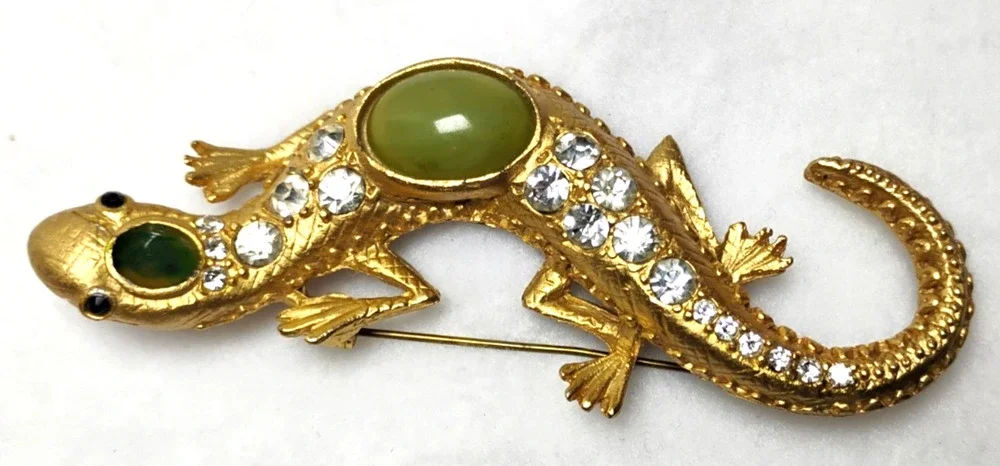 Large Lizard Gecko Brooch Pin Faux Jade Cabochon Rhinestone Gold Tone